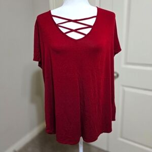Womens' Plus Size Tops with Short Sleeve Criss Cross Neck Size 2X (XXL) in Red
